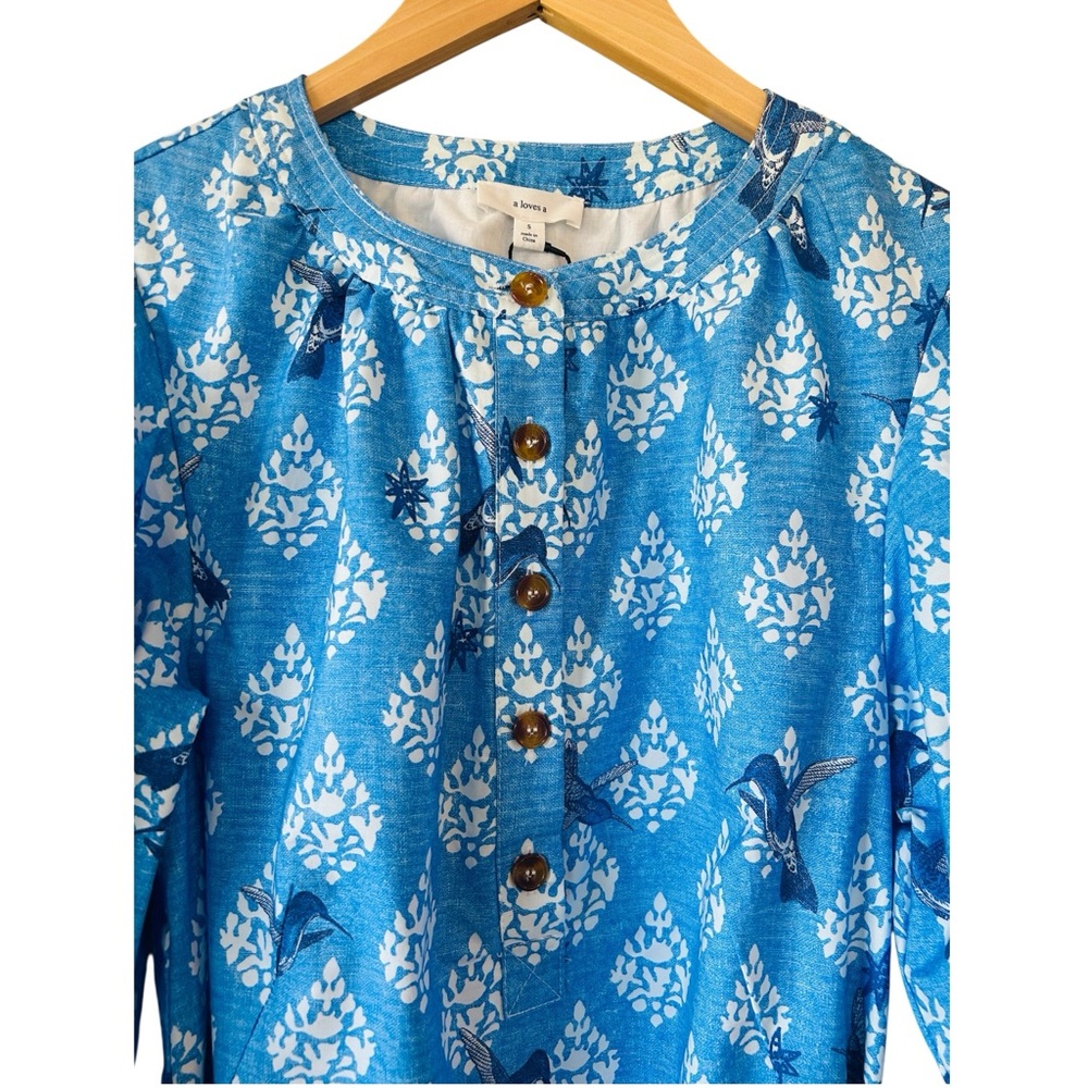 A LOVES A Cobalt Blue Puff Sleeve Tie Waist Cotton Dress Cottagecore Small NWT - Picture 3 of 11